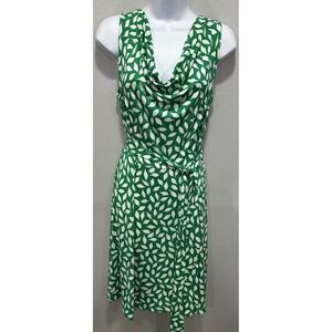 ANN TAYLOR Loft Midi Dress Size Medium Green & White Belted Sleeveless Stretch